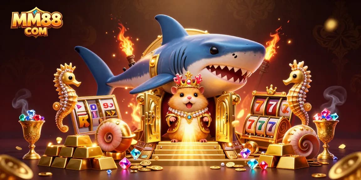 Engage with MM88 COM and discover a vibrant casino world featuring a golden hamster king amidst treasures.