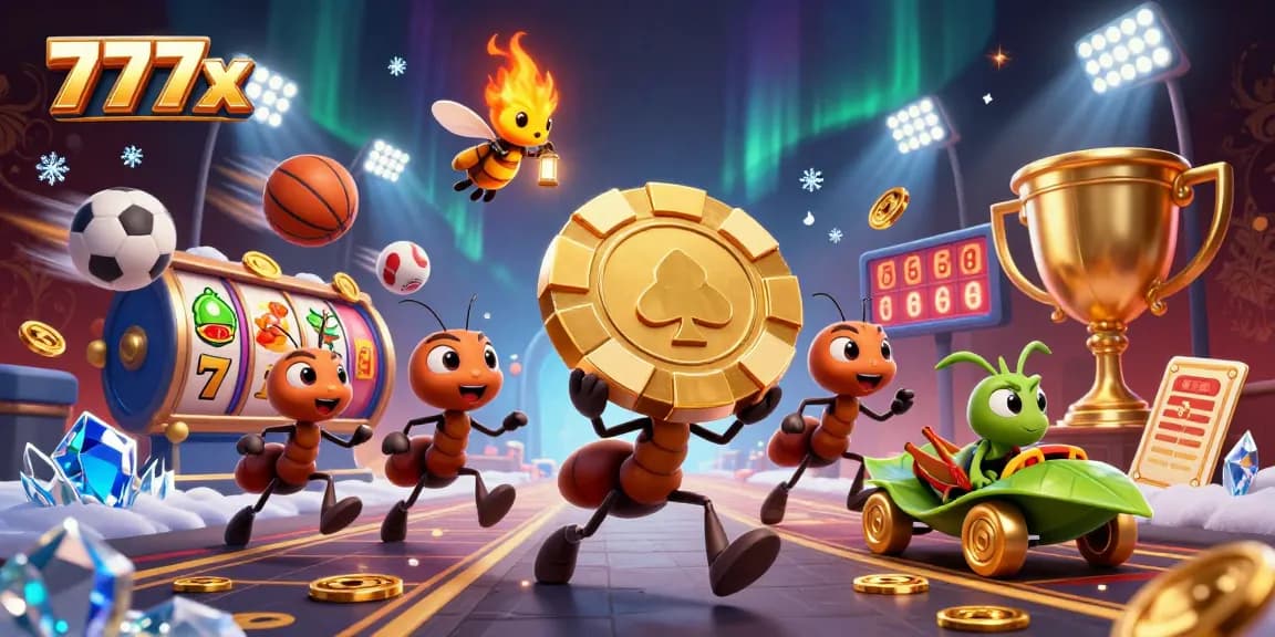 Experience exciting moments at 777x with a heist scene featuring ants carrying a giant poker chip.