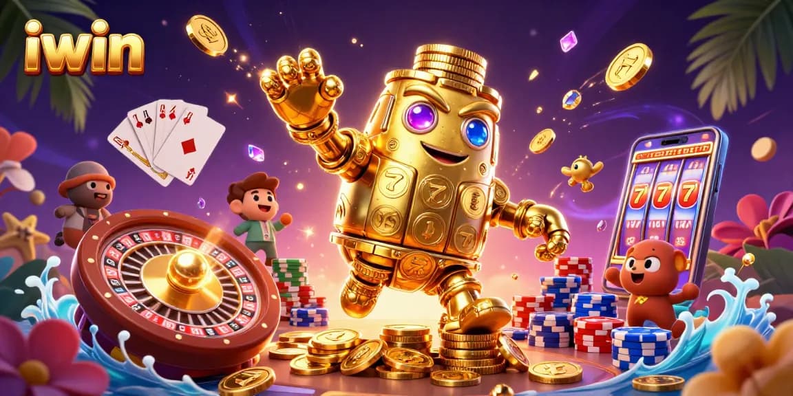 Play the exciting iwin casino game with a golden golem surrounded by sparkling coins and vibrant action.
