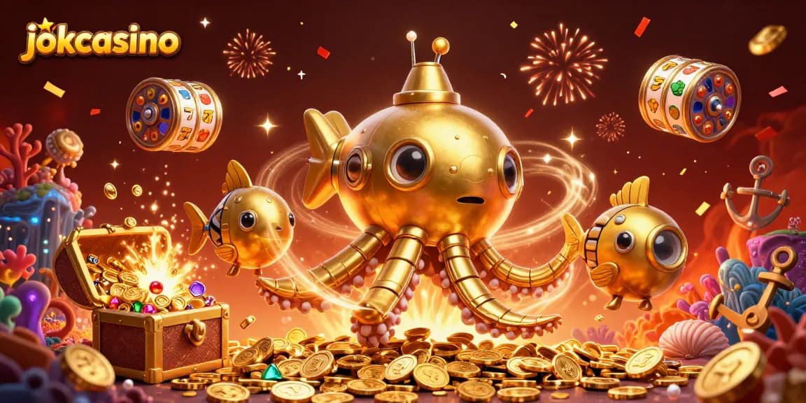 Experience the thrill of jokacasino with golden kraken submarine and slot reels in a vibrant digital scene.