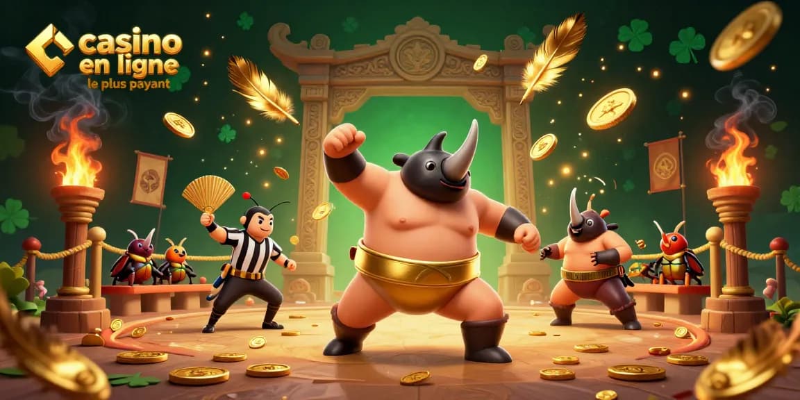 Illustration dynamique sur le casino en ligne le plus payant mettant en scène un rhinocéros japonais sumo.