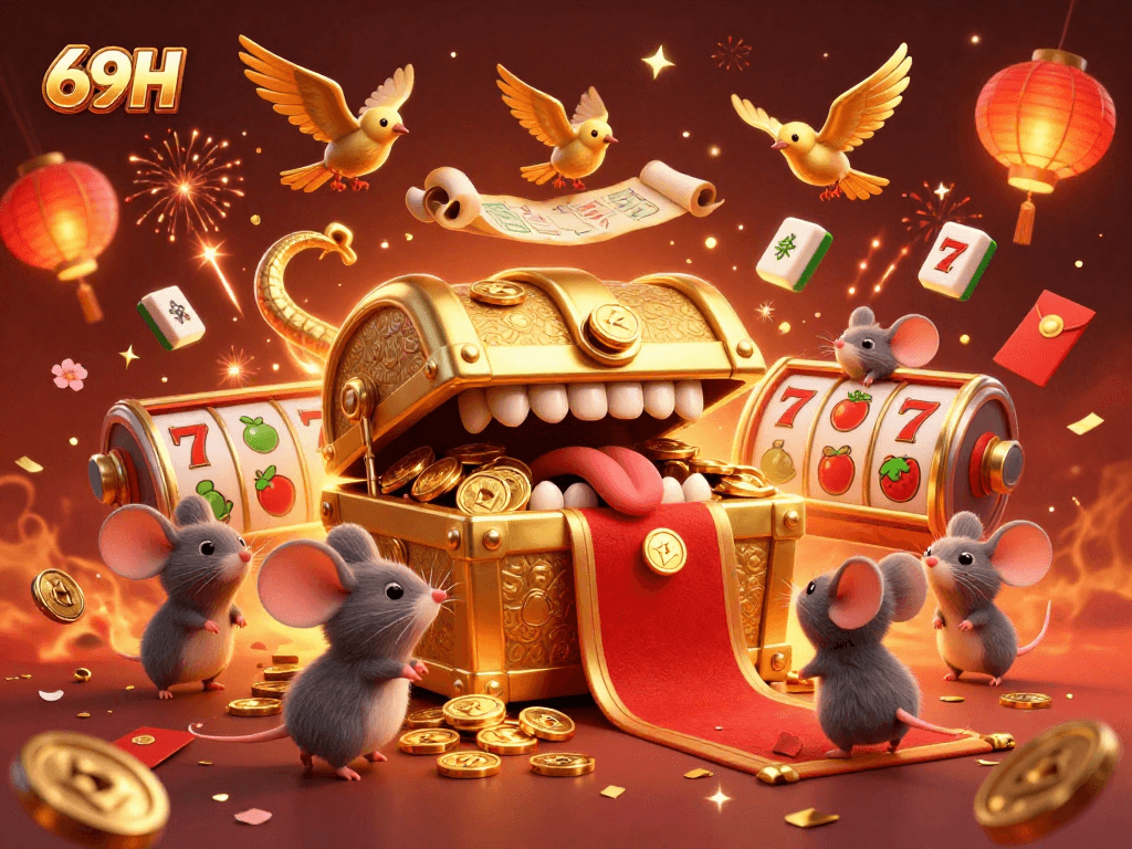 Ganhe no cassino online 69H com uma cena vibrante de cofre brilhante e elementos de jogo.