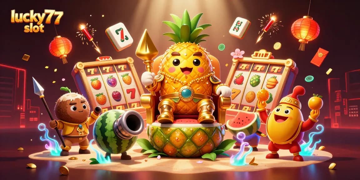 Experience the thrill of lucky77 slot with vibrant characters and exciting casino elements in this dynamic illustration.