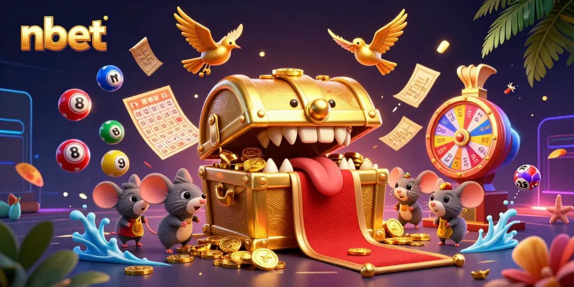 Experience the excitement of nbet with a dynamic 3D illustration featuring colorful lottery elements and treasure.