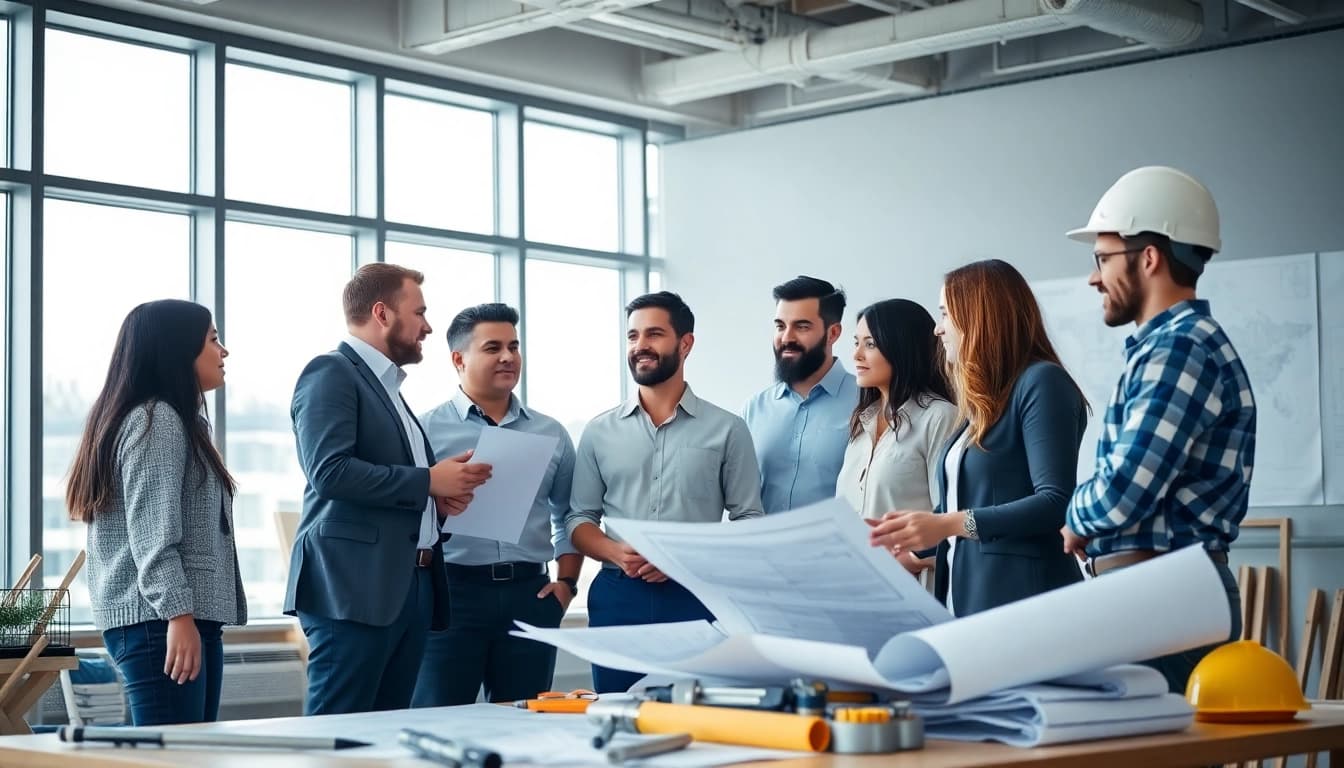 Engaged construction company membership organization professionals discussing plans in a modern office environment.