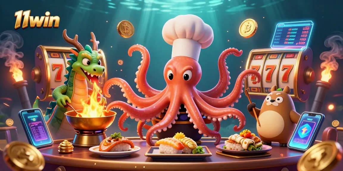 Experience the vibrant action of 11win with a dynamic casino scene featuring cartoon characters and crypto elements.