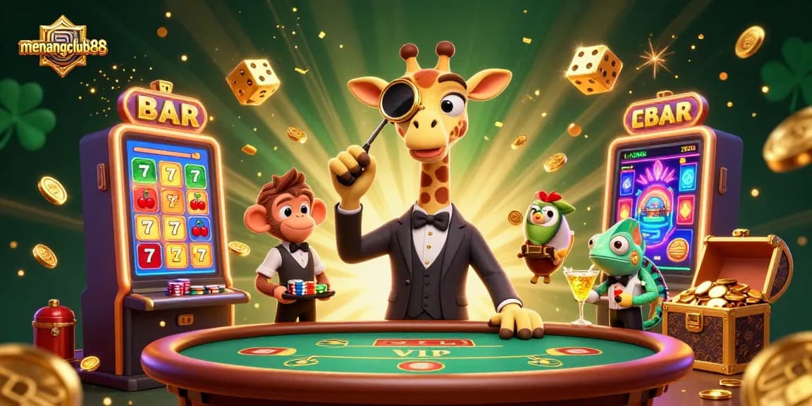 Experience thrilling gameplay at menangclub88 with a vibrant casino scene featuring cheerful characters and exciting game elements.