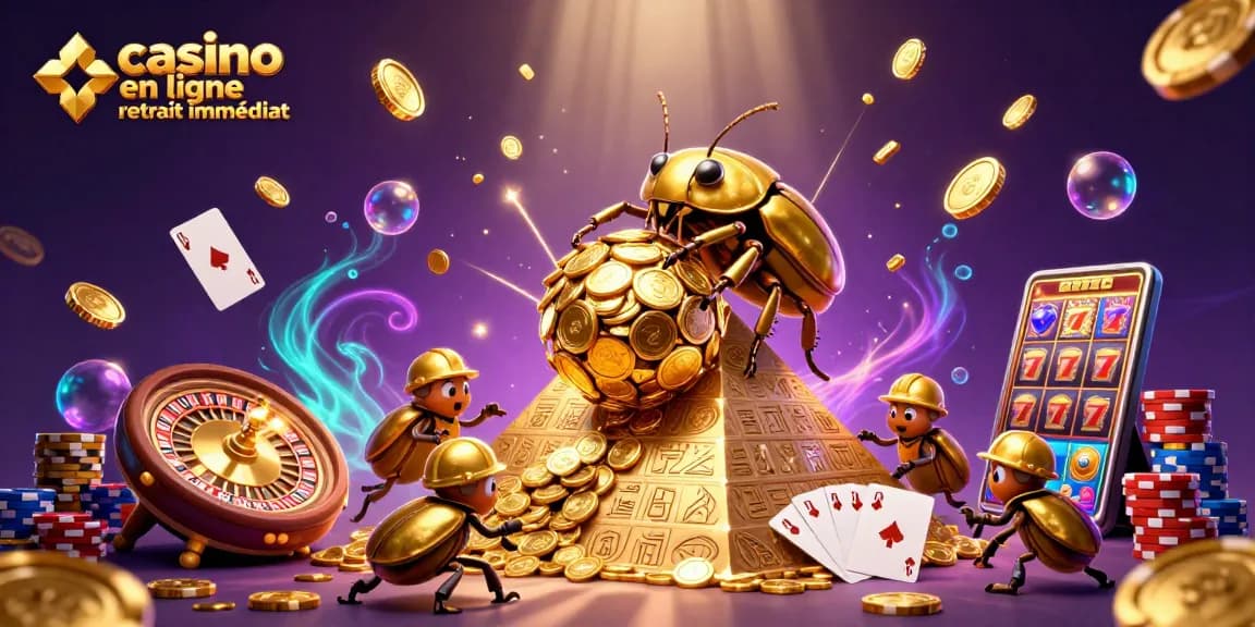 Vivez l'expérience du casino en ligne retrait immédiat avec des symboles et pièces scintillants.