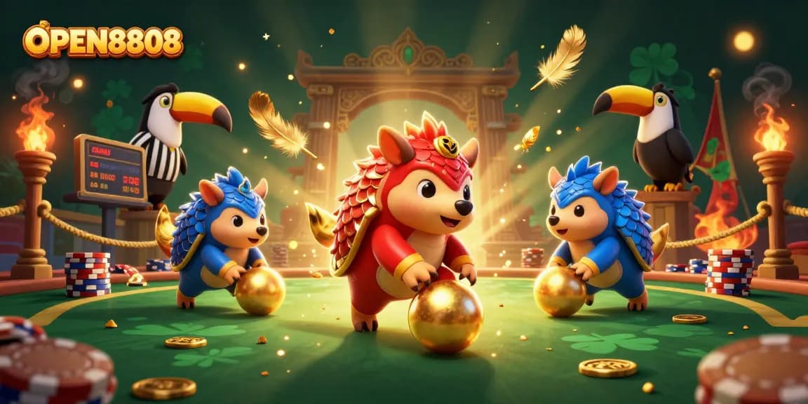 Engage in the lively action of OPEN8808 with rival pangolins competing in a casino scene filled with poker chips and celebration.