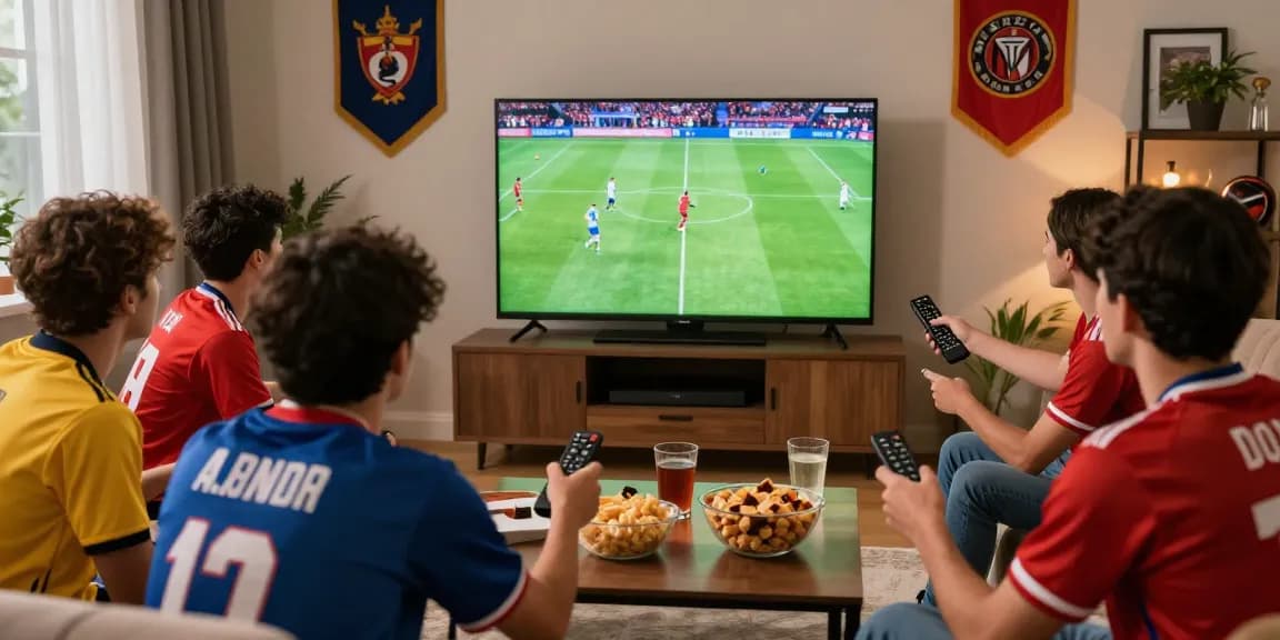 مشجعين كرة القدم يتابعون بث مباشر لمباراة koora live في غرفة مريحة مع وجبات خفيفة وأجواء حماسية