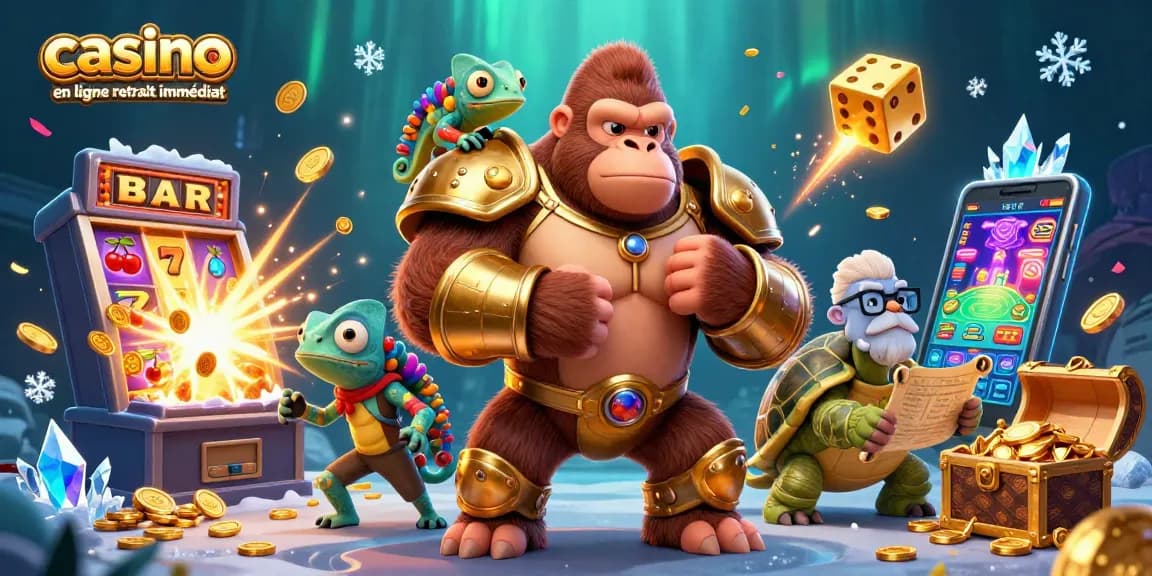 Le casino en ligne retrait immédiat s'anime avec des personnages captivants autour des machines à sous et de l'or scintillant.