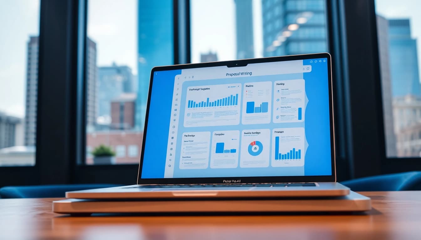 Utilize AI proposal writing software for federal contracts, showcasing a modern interface on a laptop.