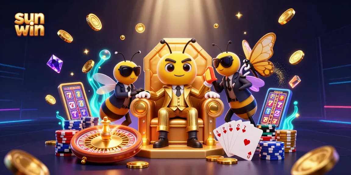 Experience thrilling wins at sun win with a dynamic illustration of a cartoon casino scene featuring animated characters and gaming elements.