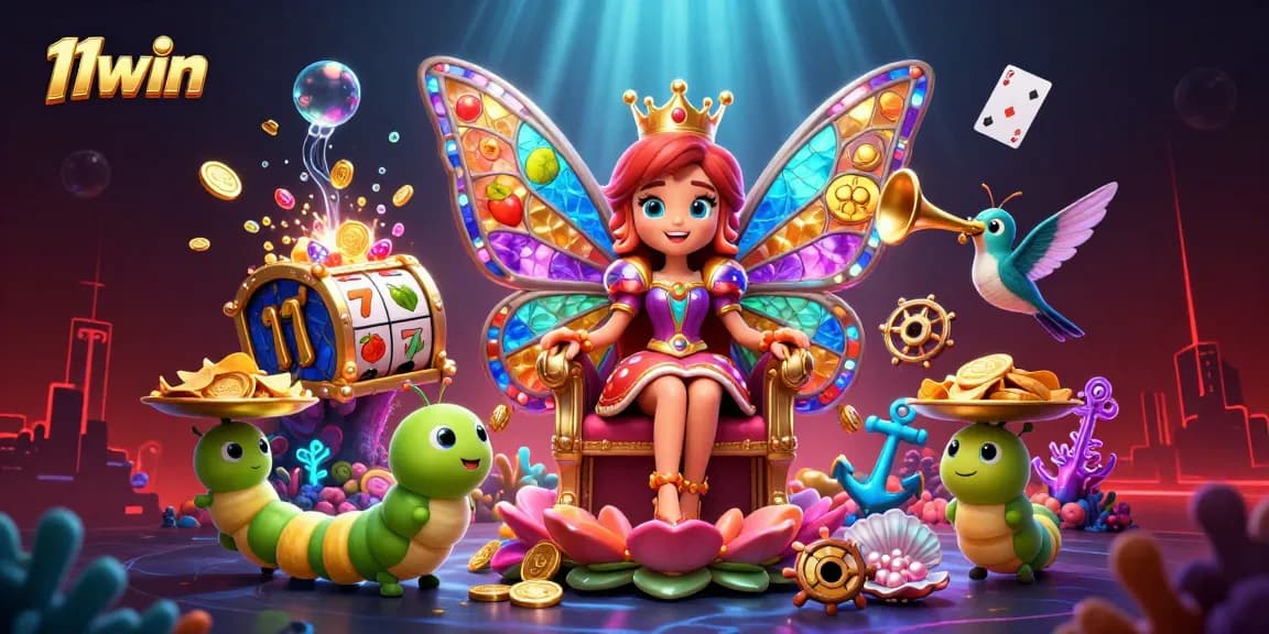 11win offers a vibrant casino experience with a butterfly queen and enchanting game elements.