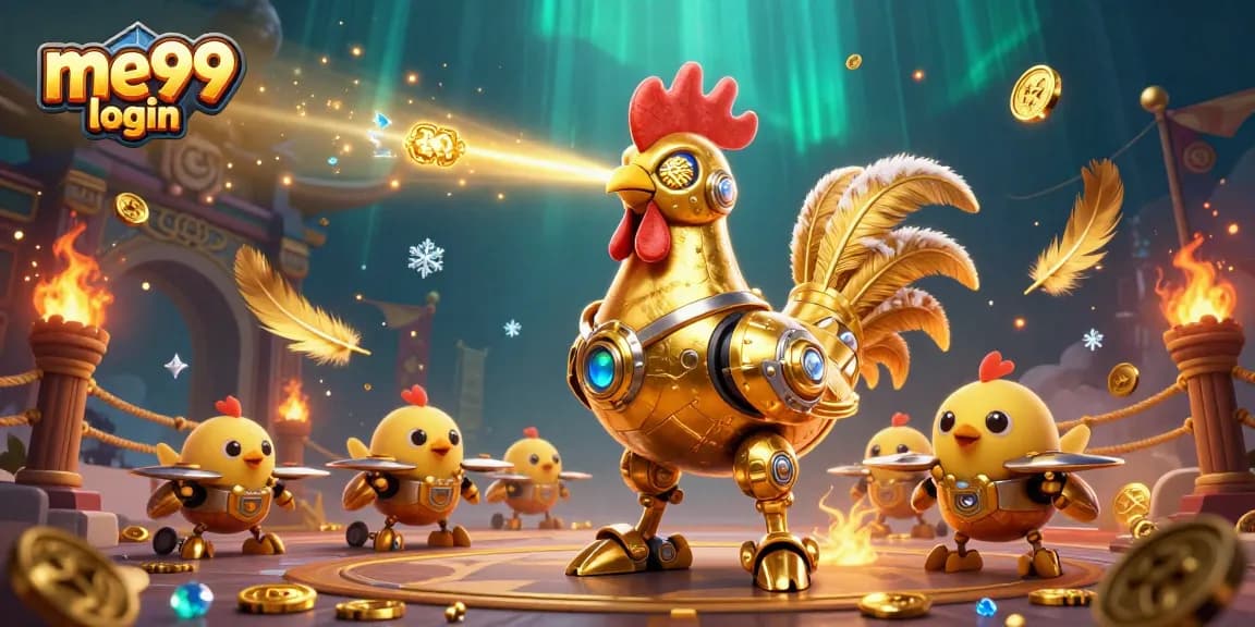 Experience a thrilling me99 login with a golden rooster robot and baby chick drones in an energetic casino scene.