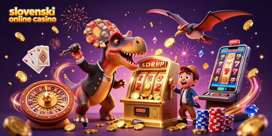 Slovenski online casino z dinamičnim prizorom dinozavrov in zlatih slot avtomatih, ki privabljajo srečne dobitke