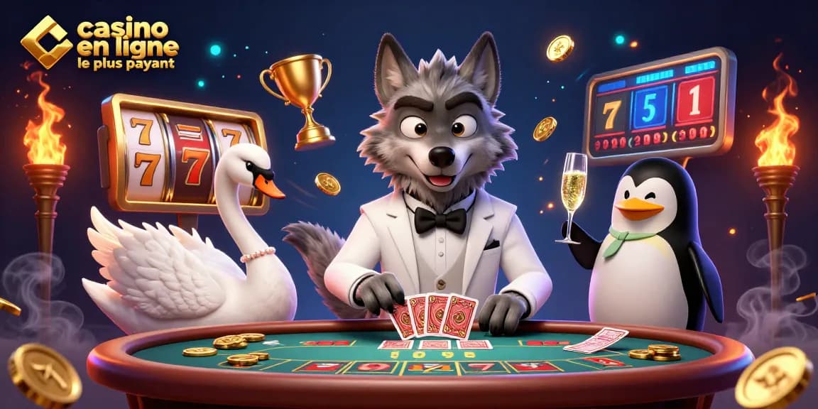 Visualisez un casino en ligne le plus payant avec un loup élégant, un cygne et un pingouin autour de jeux de casino.