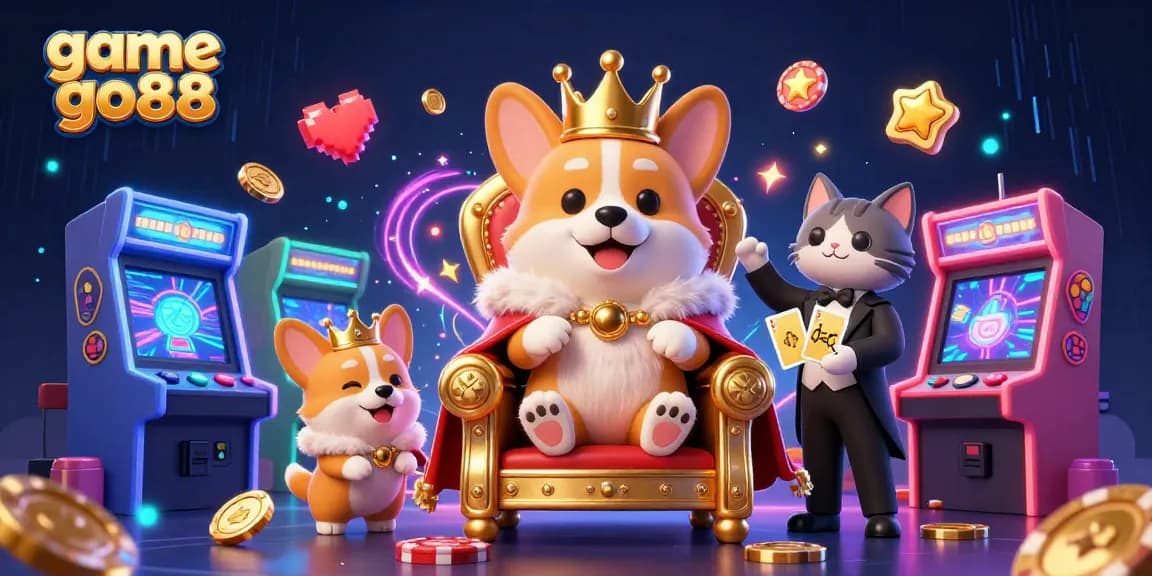 Join the thrilling world of game go88 with a cartoon corgi king and vibrant casino elements.