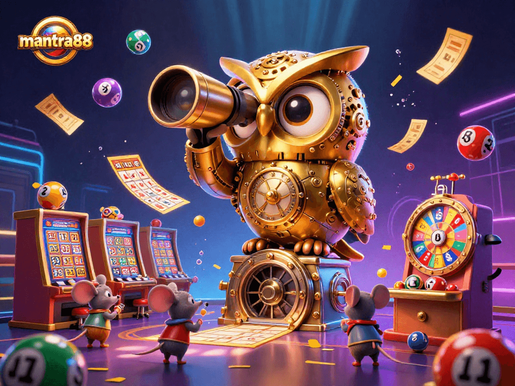 Engage with mantra88 in a vibrant casino scene featuring a golden owl and lively game elements.