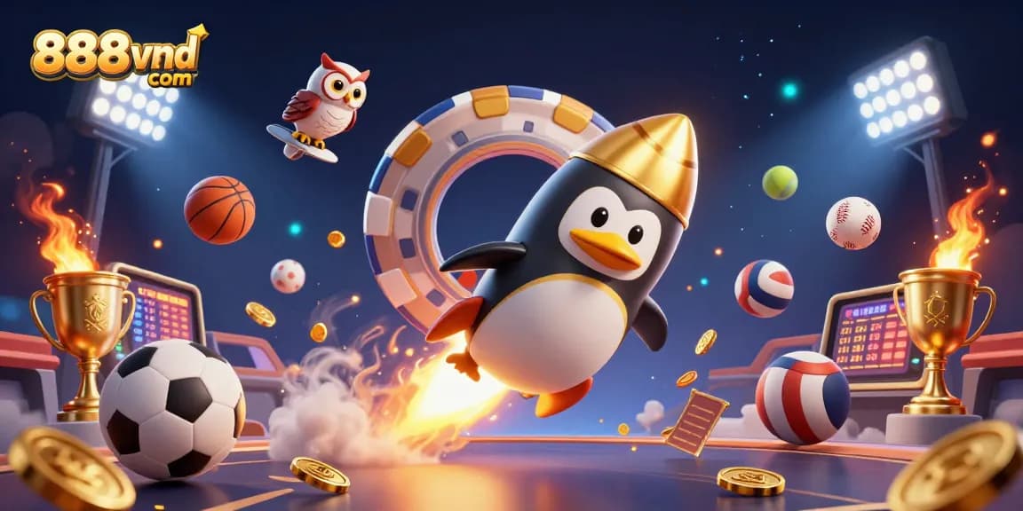 Win big with immersive gaming at 888vnd com as a golden rocket penguin blasts through a vibrant casino world.
