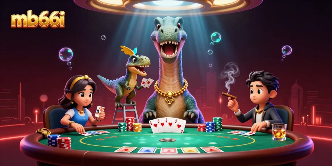 Feel the excitement at mb66i as the brontosaurus oversees a dynamic poker game with colorful chips.