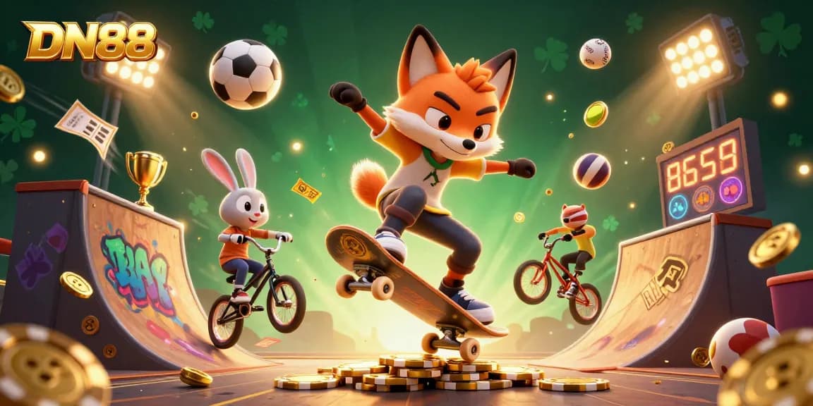 Play exciting games at DN88; cartoon characters showcase thrilling sports action in a vibrant casino-themed scene.