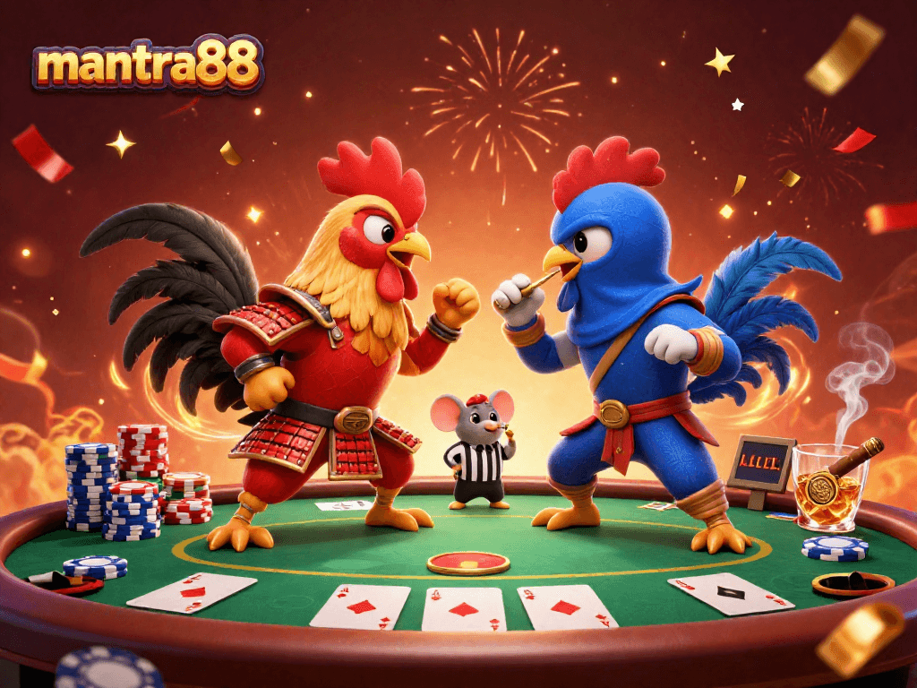 Engage with mantra88 in dramatic gaming action featuring colorful poker elements and fighting roosters.