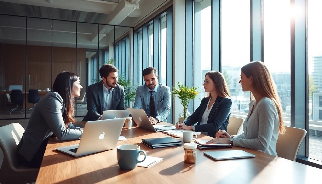 Team collaborating in csc hamburg during a strategic business meeting in modern office.