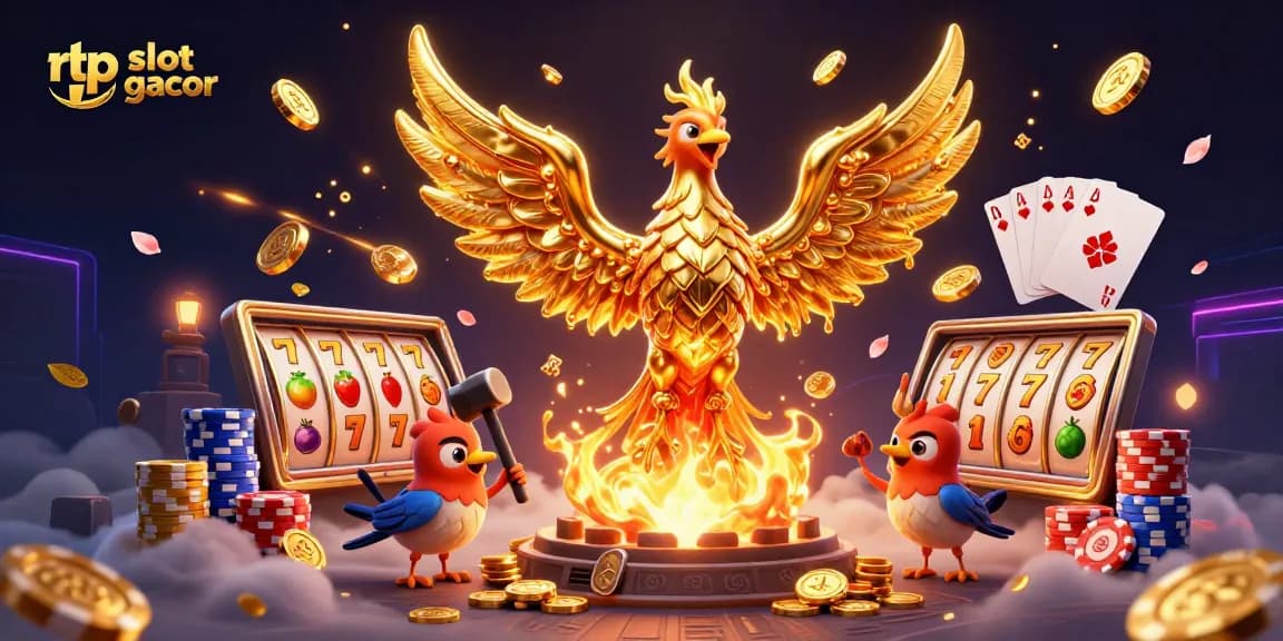 RTP slot gacor terlihat dalam ilustrasi interaktif, menampilkan simbol slot dan koin emas yang berjatuhan.