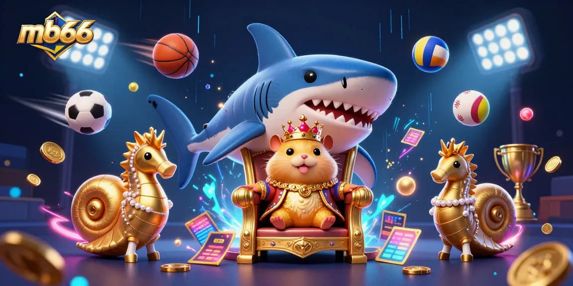 Experience thrilling gaming at mb66 with a fierce golden hamster king and royal guards amidst dynamic sports elements.