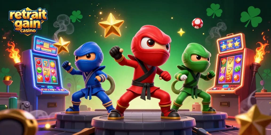 Retrait de gains en casino : Trois caméléons ninjas dynamiques en action sur des machines à sous illuminées
