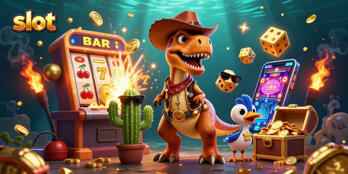 Mainkan slot gacor dengan petualangan ceria bersama karakter dinosaur dan simbol jackpot berkilauan.
