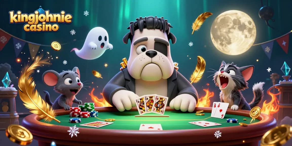 Engaging scene at kingjohnnie casino showcasing a Frankenstein bulldog and playful ghost mouse at a poker table.