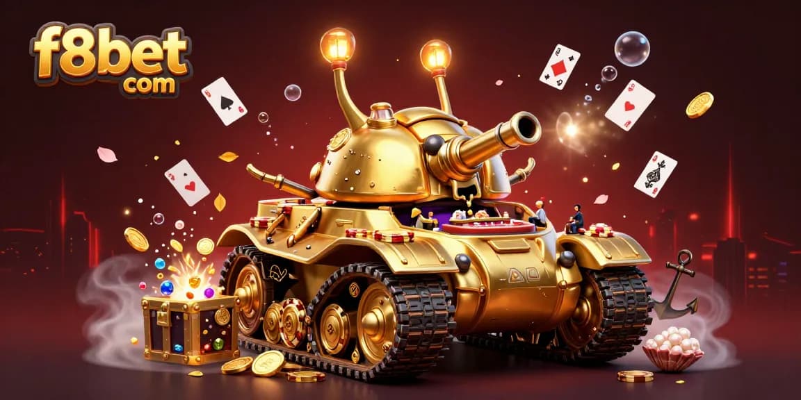 Experience the excitement at f8bet com with a vibrant 3D casino illustration featuring golden elements and lively action.