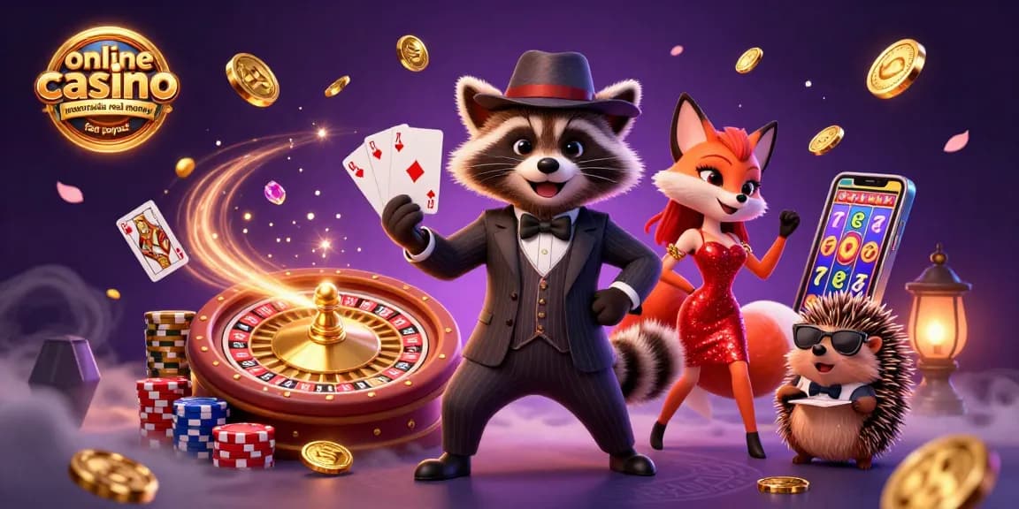 Experience the excitement of online casino Australia real money fast payout with a dynamic scene featuring a suave raccoon and friends.