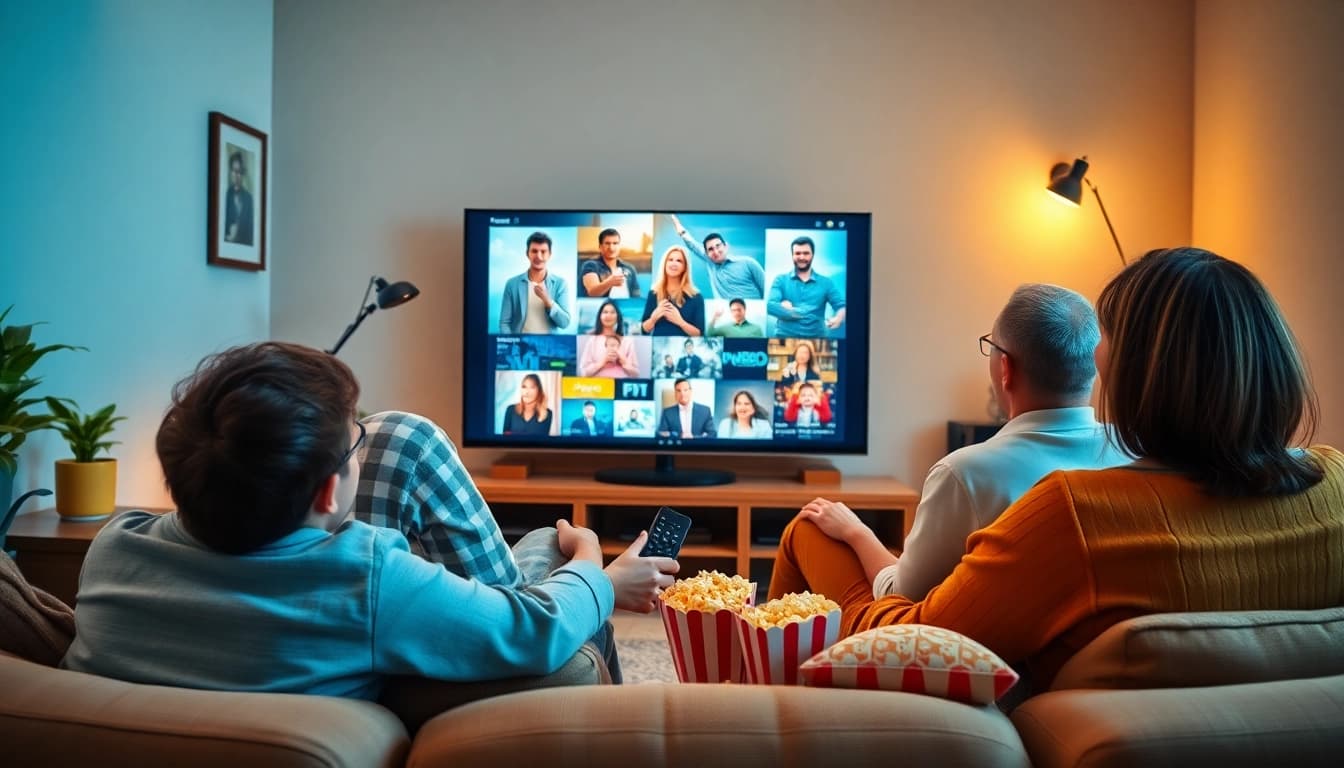 Enjoy a FREE IPTV Trial in a cozy living room setting with a family engaged in entertainment.
