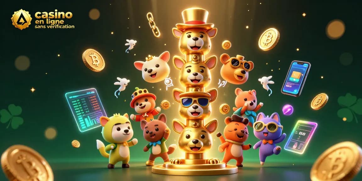 Jouez avec le totem de casino en ligne sans vérification entouré de cryptomonnaies brillantes.
