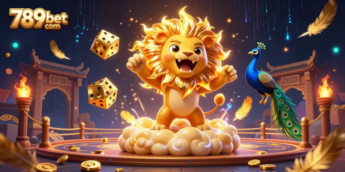 Engage in thrilling games with 789bet com amidst golden lions, dice, and vibrant casino elements.