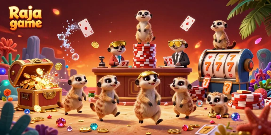 Experience Raja game with dynamic meerkats running an extravagant casino, featuring gold coins and vibrant coral.