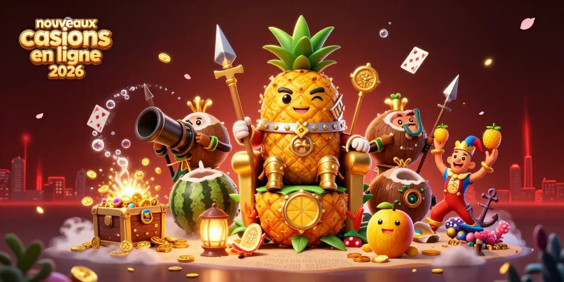 Illustration 3D des nouveaux casinos en ligne 2026, avec un roi ananas doré entouré de personnages ludiques dans un environnement de jeu captivant.