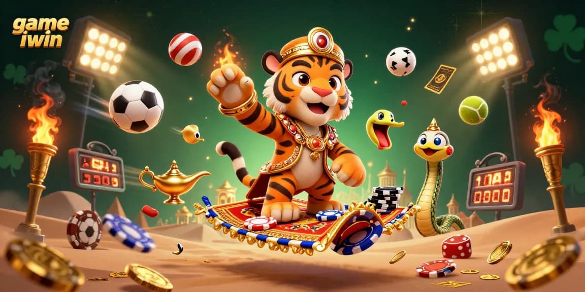 Experience the excitement with game iwin, featuring a dynamic scene of a tiger sultan and sports elements.