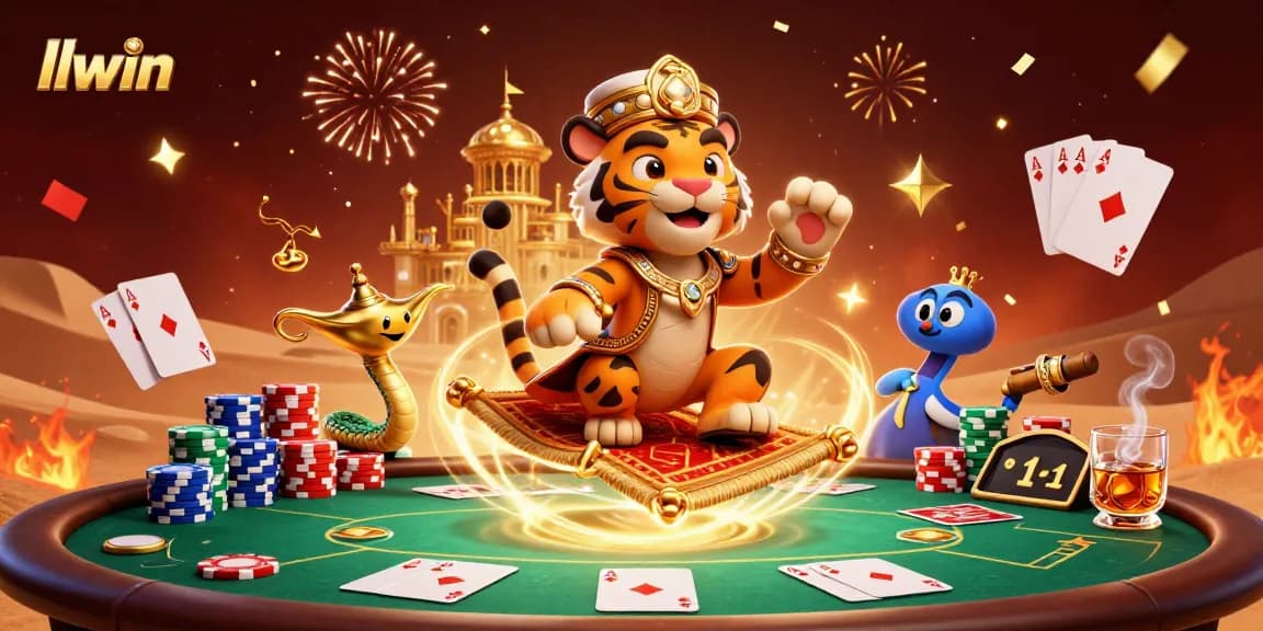 Play poker and win big with llwin, featuring a vibrant casino scene with festive elements.