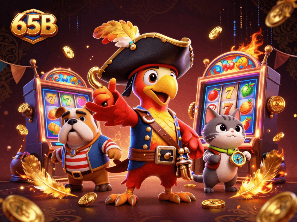 Atraia a sorte com o visual envolvente da 65B, onde um pirata e seu primeiro oficial estão cercados por slot machines vibrantes.