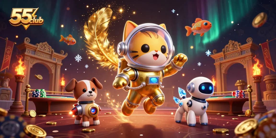 The charming 55club astronaut cat ventures through a vibrant cosmic casino scene.