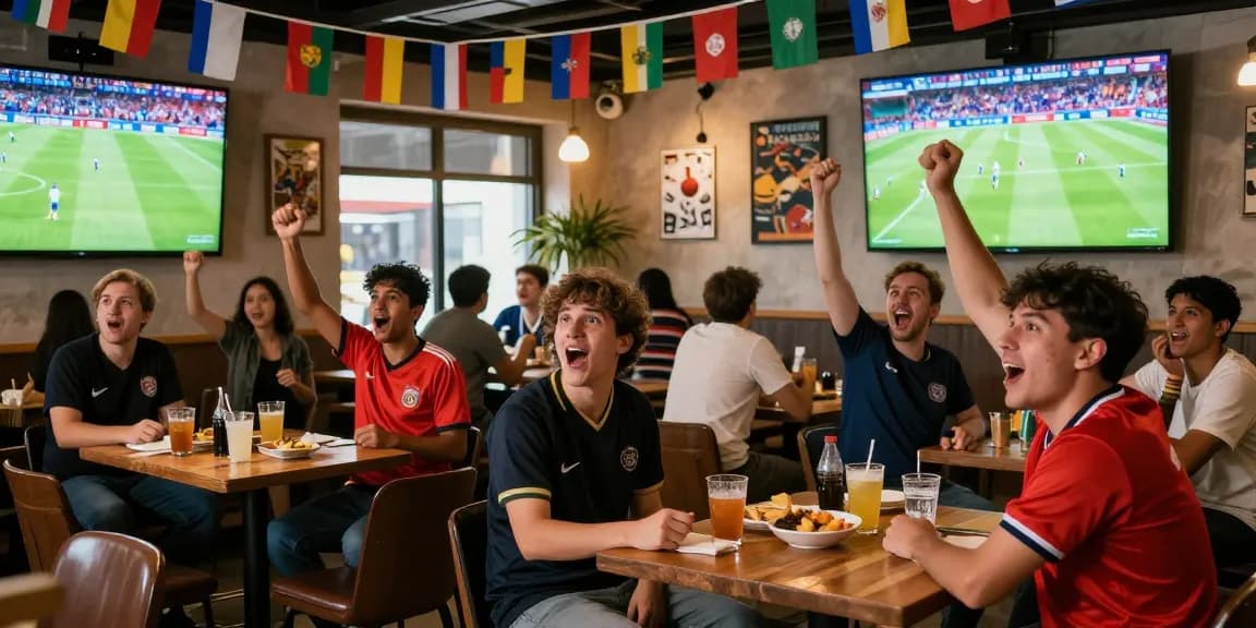 Live koora fans enjoying a vibrant match viewing at café.