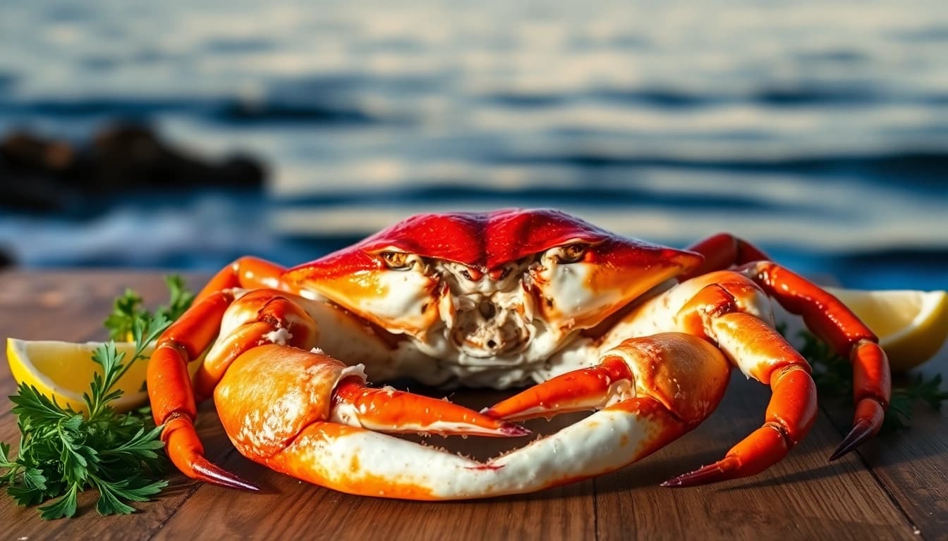 Fresh Live king crab wholesale displayed elegantly on a wooden table with herbs and lemon.
