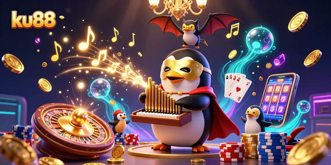 ku88 showcases a vibrant casino scene with a penguin organist and golden coins flying
