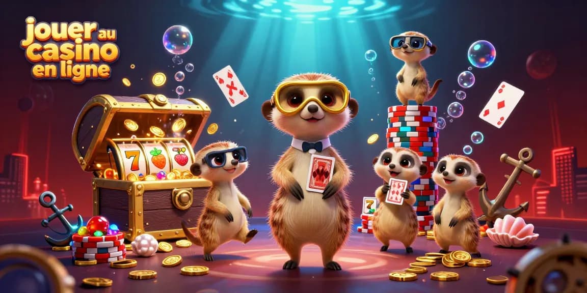 Jouer au casino en ligne avec des meerkats cartoon dans un casino sous-marin coloré et dynamique.