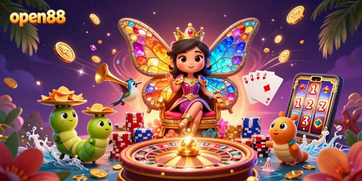 Experience the vibrant world of open88 with a magical casino scene filled with colorful characters and dynamic gaming elements.