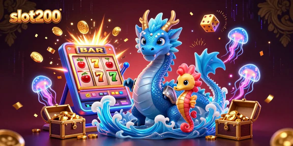 Win big at slot200 with a vibrant scene of a water dragon, seahorse knight, and exciting slot game elements.